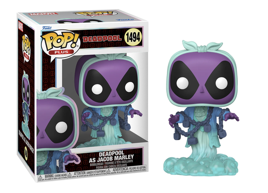 Funko Pop! vinyl figure of Deadpool as Jacob Marley next to its packaging