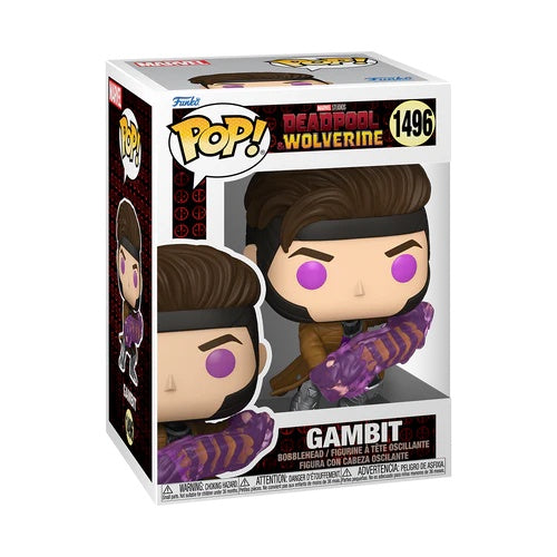 A Funko POP! Marvel Gambit figure in a window display box, featuring the character with purple eyes and dressed in a purple and black outfit.