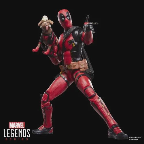 Marvel Legends action figure of a character in red and black costume with a small dog on a black background