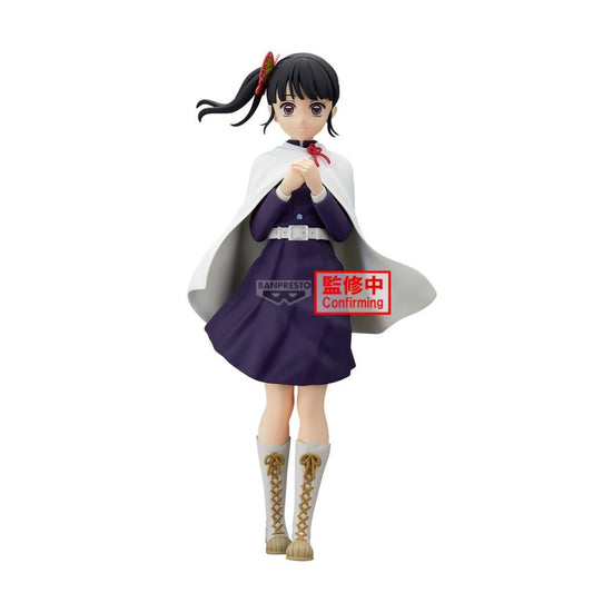Anime character figurine with a white and purple outfit on a white background