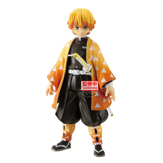 Action figure in traditional outfit with orange and black design on a white background