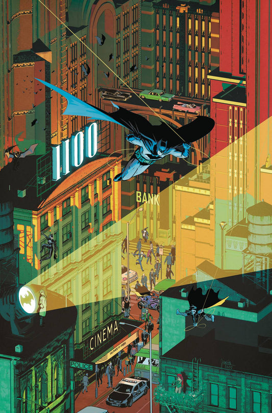Illustration of a superhero swinging over a cityscape with buildings and street scenes.