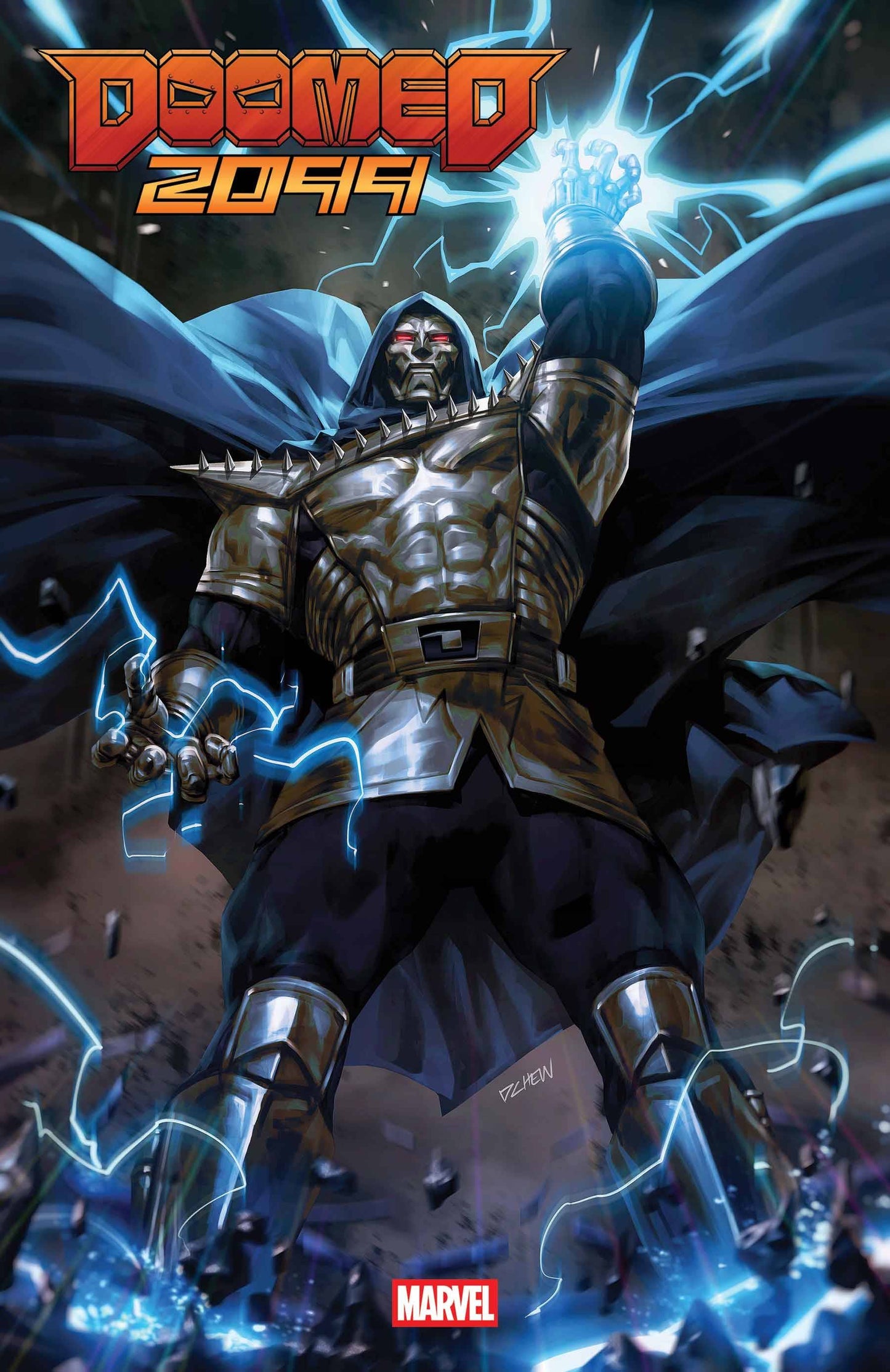 Comic book cover of 'Doomed 2099' featuring Doctor Doom 2099 with blue energy effects.