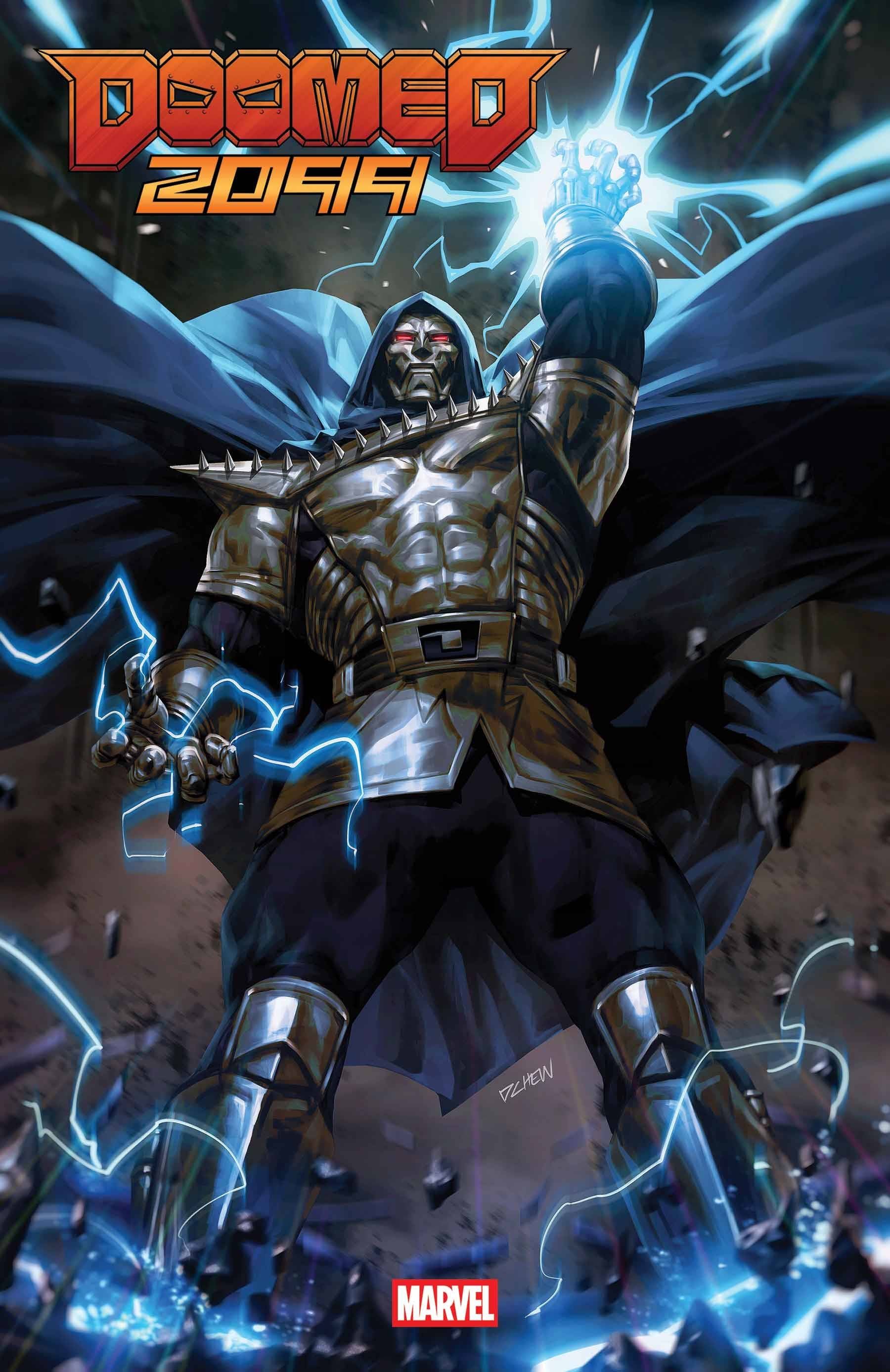 Comic book cover of 'Doomed 2099' featuring Doctor Doom 2099 with blue energy effects.