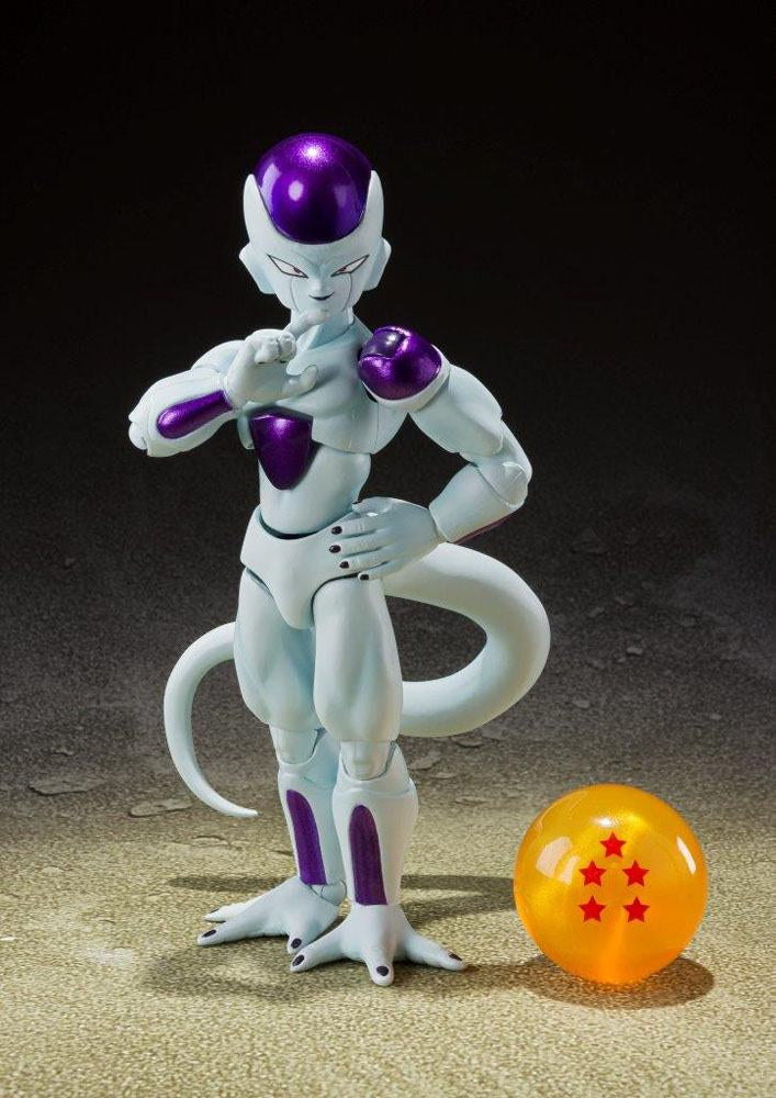 Action figure of a character from a popular franchise with a Dragon Ball Z ball on a dark background