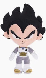 Plush toy of a character with spiky black hair and white face, wearing a gray outfit with a yellow emblem.