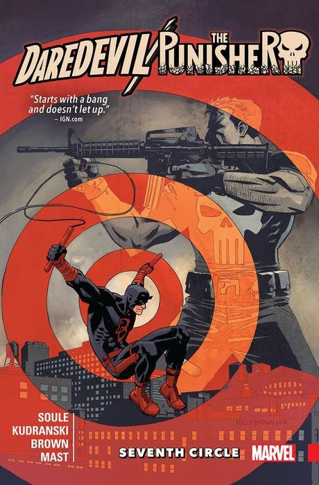 Comic book cover featuring Daredevil and Punisher with a target design and text about the story's intensity.