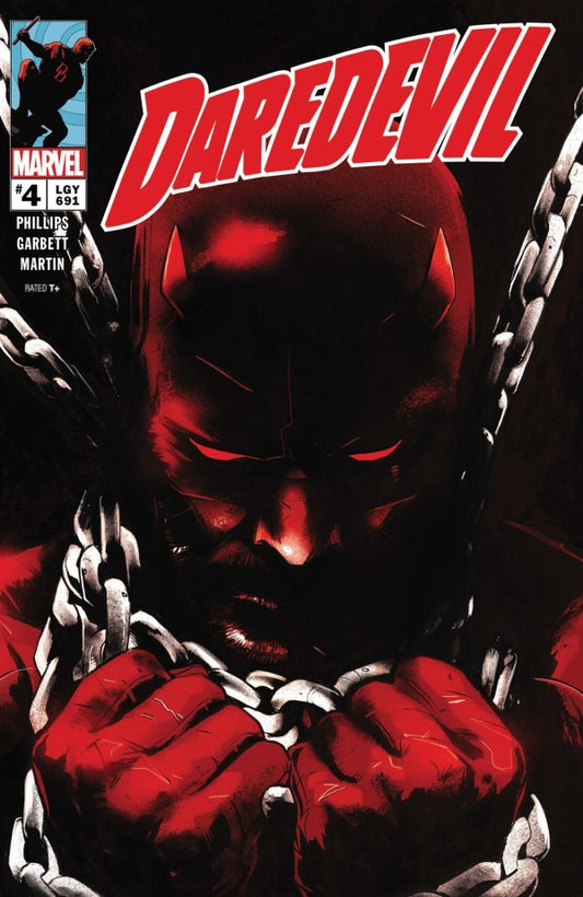 Marvel's Daredevil comic book cover, issue 4, featuring a dramatic close-up of Daredevil's face and clenched fists wrapped in chains, with the title 'DAREDEVIL' in large red letters at the top.