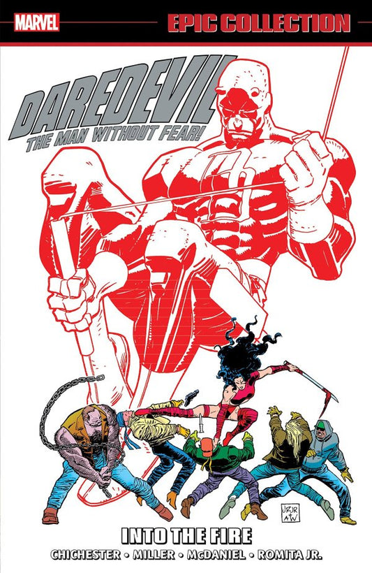 Marvel's Daredevil: The Man Without Fear Epic Collection comic book cover, featuring a large red-and-white illustrated Daredevil with smaller illustrated characters below and the title 'Into the Fire' at the bottom.