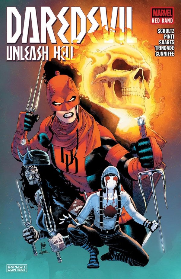 Comic book cover featuring two characters with weapons and a fiery skull in the background.