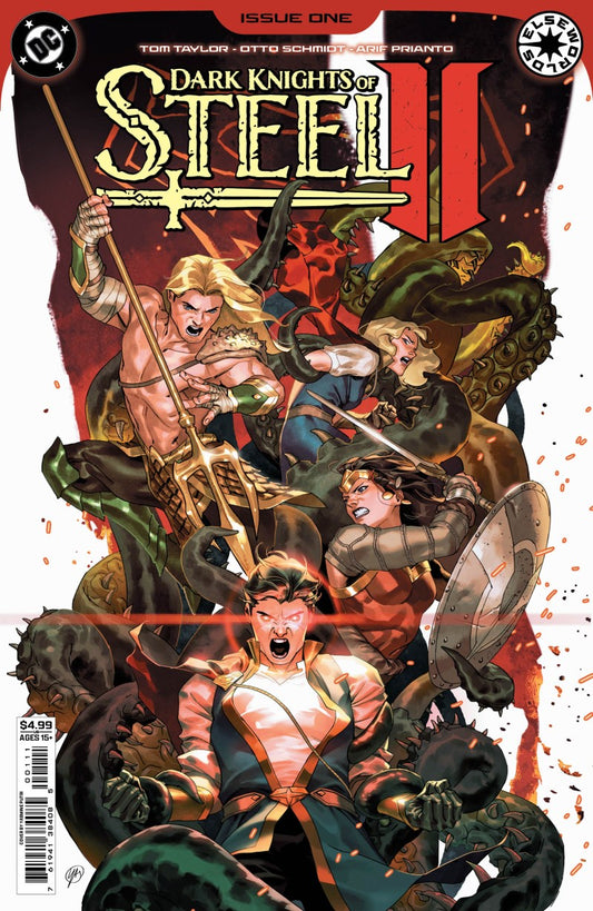 Comic book cover of 'Dark Knights of Steel' featuring characters in action poses.