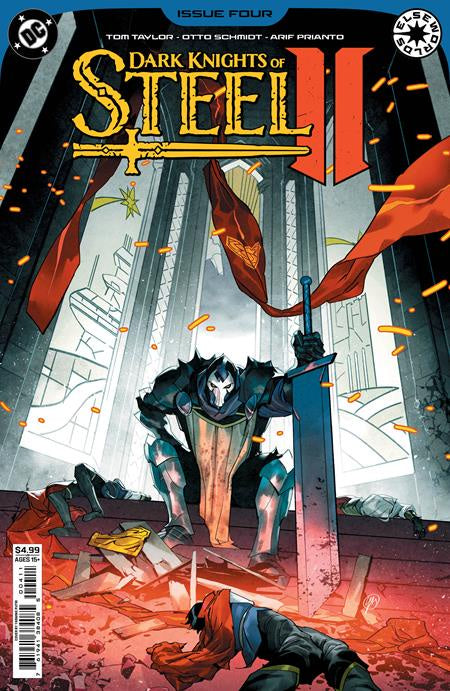 Comic book cover for Dark Knights of Steel Issue Four, showing a knight in dark armor holding a large sword in a ruined city scene with red banners and debris.