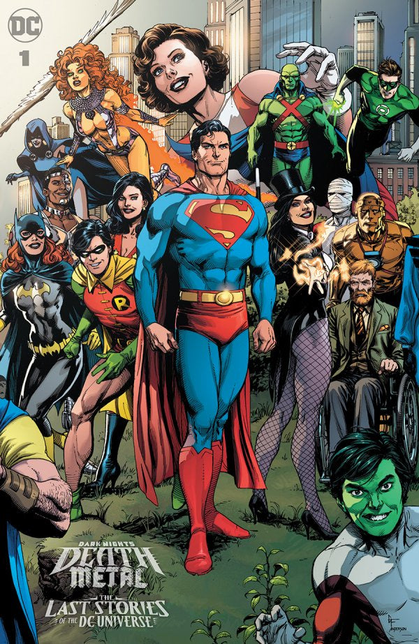 Superman surrounded by various superheroes and villains in a comic book style.