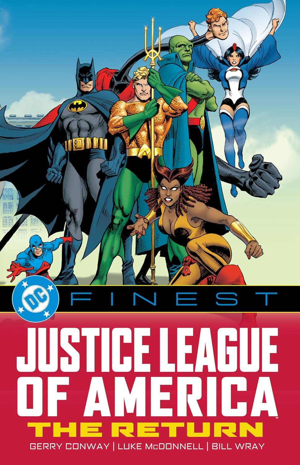 Comic book cover featuring the Justice League of America with a blue sky background.