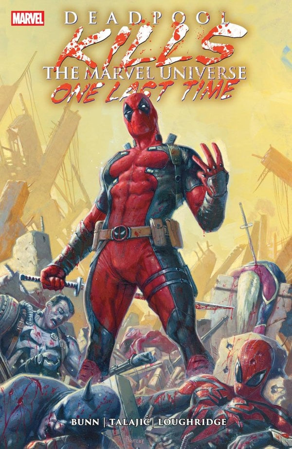 Comic book cover featuring Deadpool amidst destruction with 'Marvel' logo.