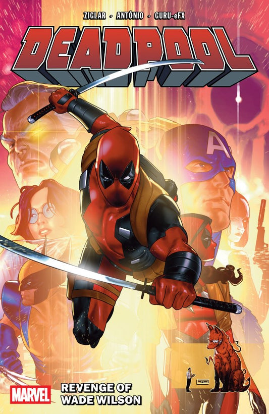 Comic book cover featuring Deadpool with a stylized background