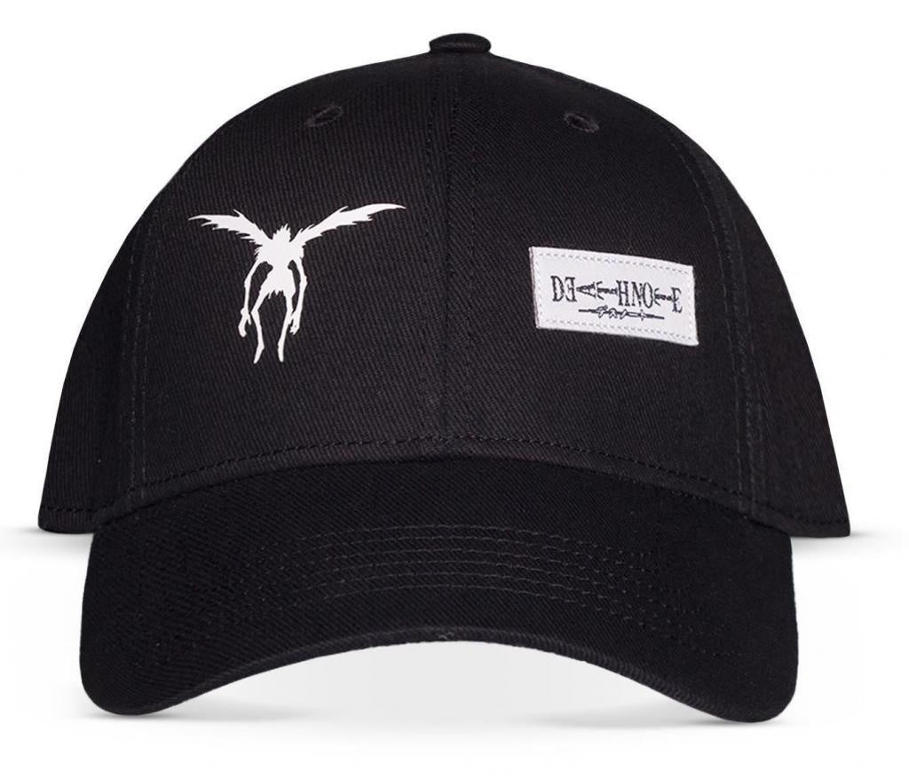 Black cap with white logo and text on a white background