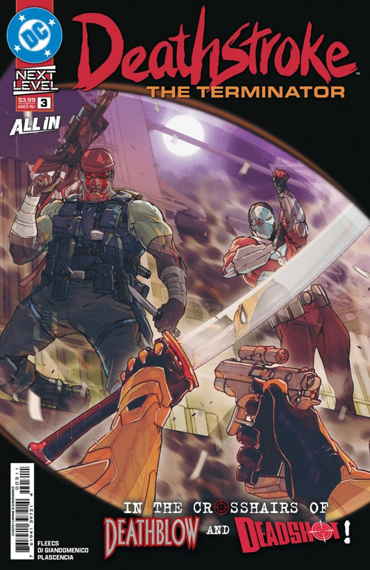Comic book cover featuring two characters with weapons, titled 'Deathstroke: The Terminator'.