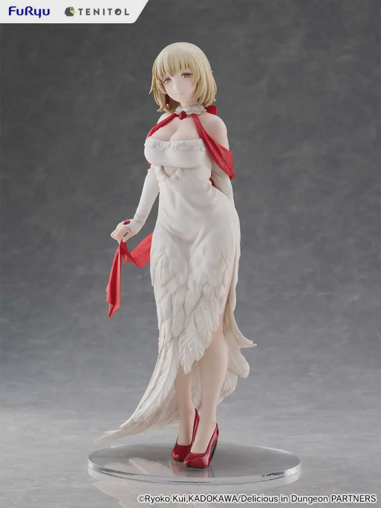 A collectible anime figurine of the character Ryoko Kugisaki from Delicious in Dungeon Partners, wearing a white feathered dress with red ribbon details and red high heels, standing on a clear circular base against a gray studio background.