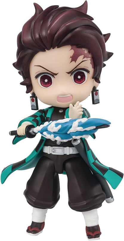 A collectible Figuarts Mini figure of Tanjiro Kamada from the anime Demon Slayer, featuring detailed paintwork and a stylized pose with a sword.