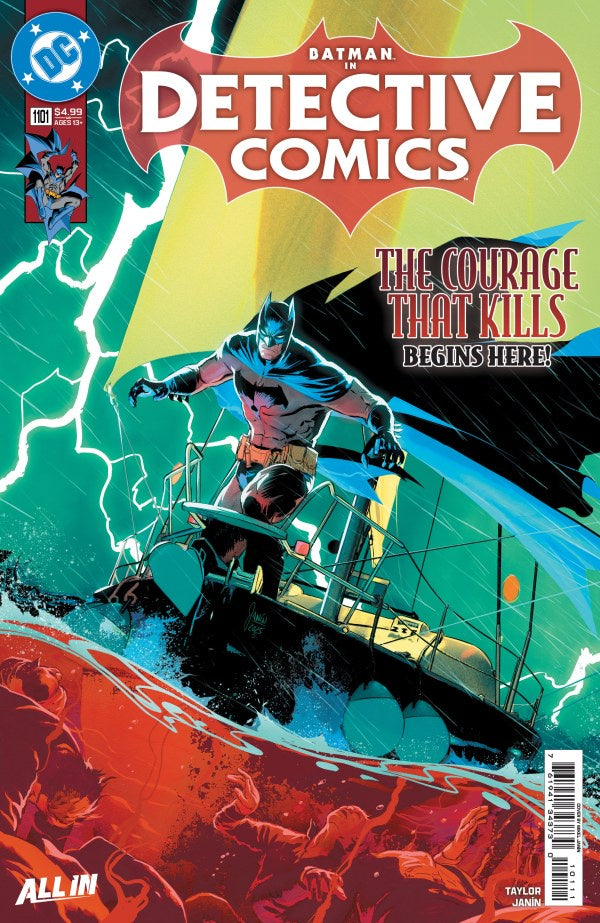 Comic book cover of Detective Comics featuring Batman on a ship with dynamic colors and action poses.