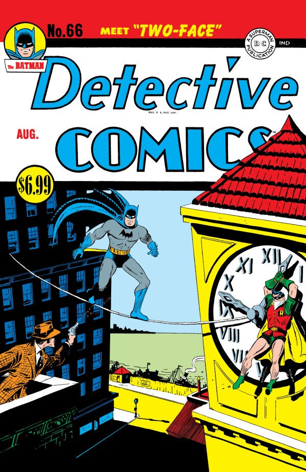 Comic book cover featuring Batman and the Joker with a clock tower and cityscape.