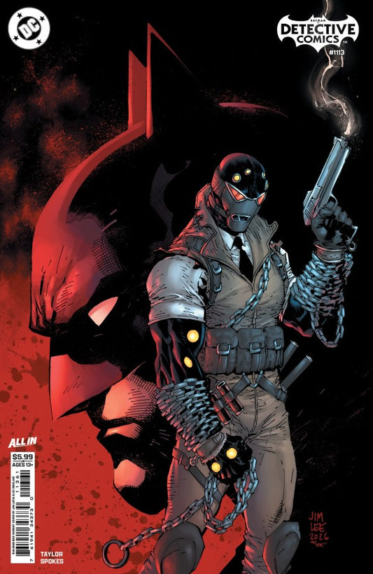 Detective Comics All-In issue featuring a comic book cover with a masked character in tactical gear holding a smoking pistol, set against a dark background with a large Batman silhouette in red and black. Visible branding includes the DC logo and Detective Comics title.