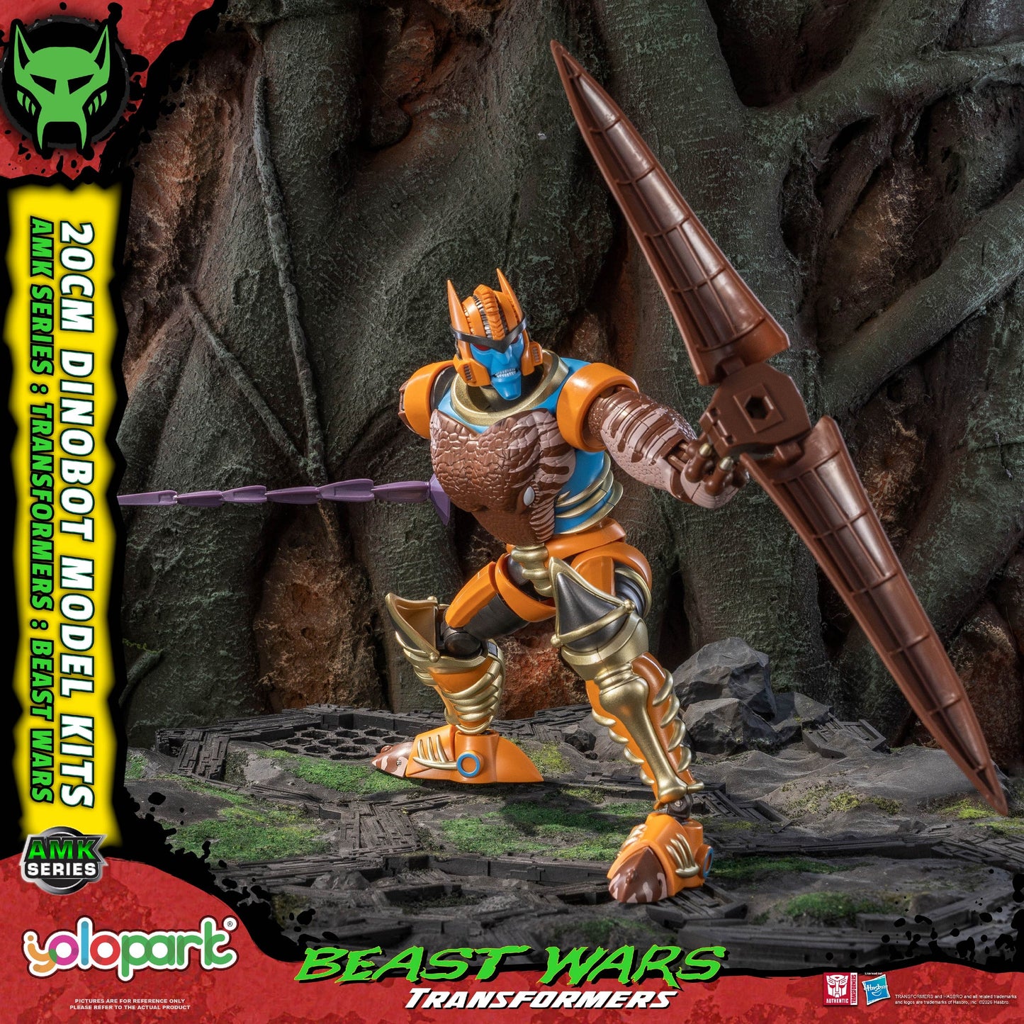 Transformers Beast Wars Dinobot model kit with spear on rocky background