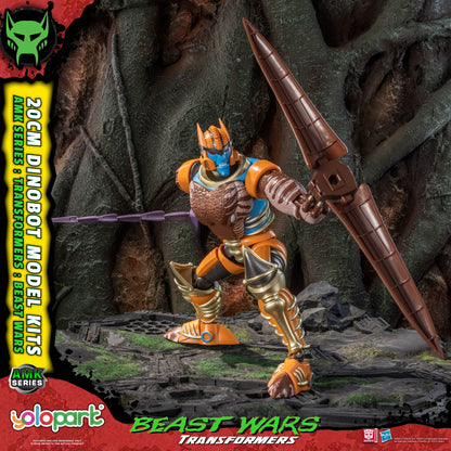 Transformers Beast Wars Dinobot model kit with spear on rocky background