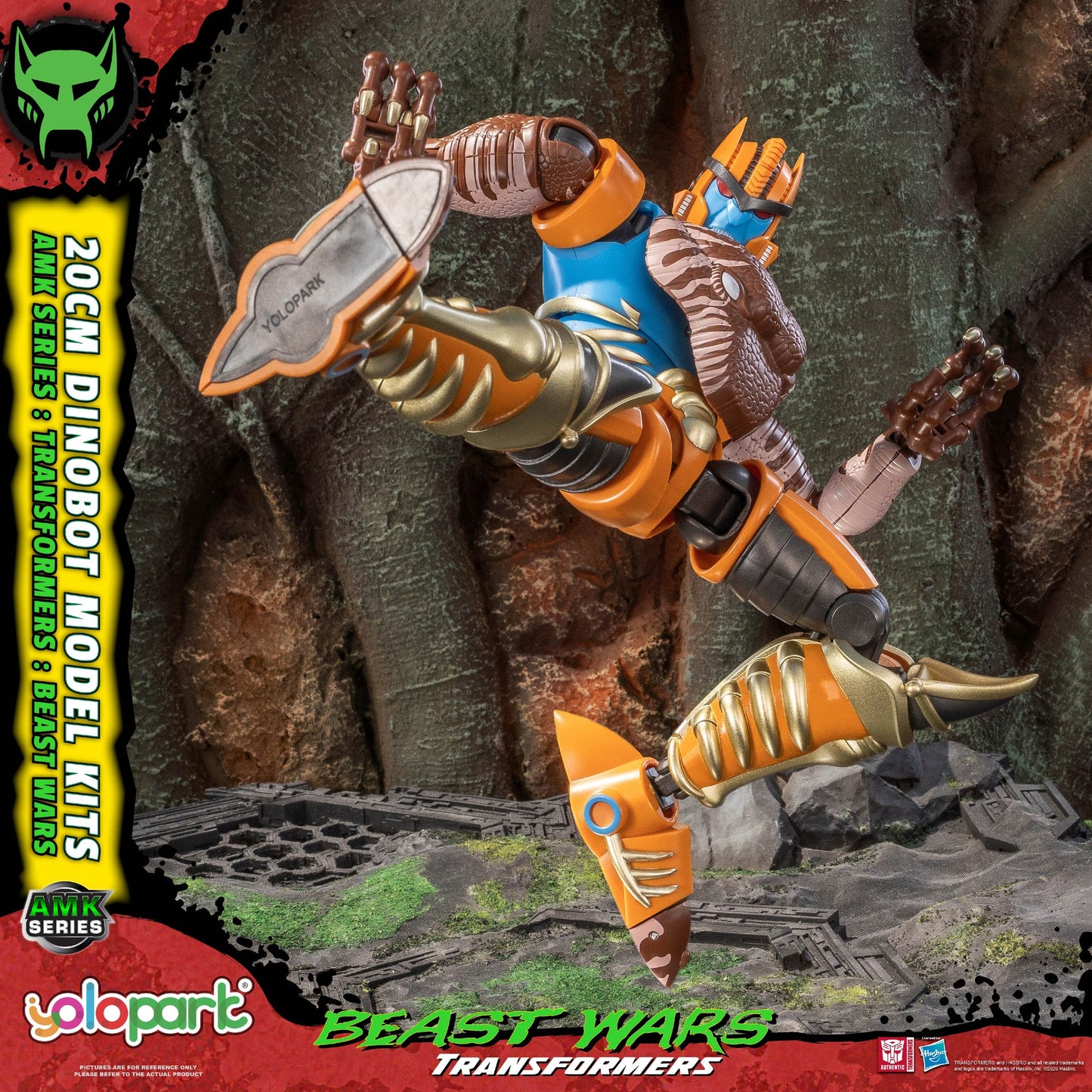 Transformers Beast Wars figure with detailed armor and pose on a rocky background