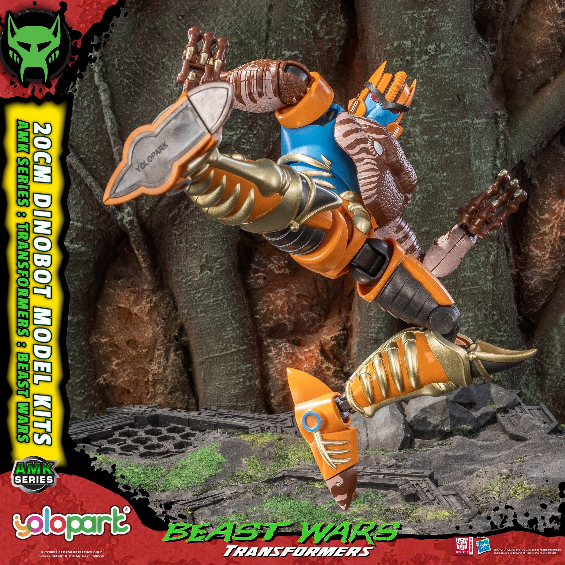 Transformers Beast Wars figure with detailed armor and pose on a rocky background