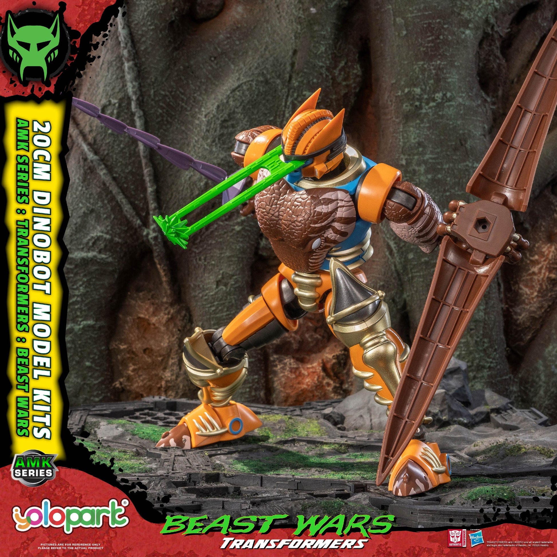 Toy figure of a dinosaur-like robot with weapons, set against a rocky background, featuring 'Beast Wars' branding.