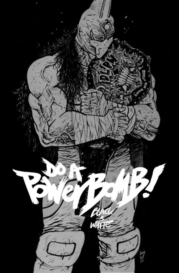 Black and white illustration of a muscular figure with text 'Do a Powerbomb!' on a black background