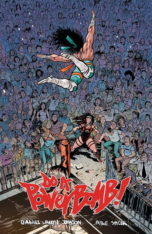 Comic book cover with a character performing a powerbomb on a crowd