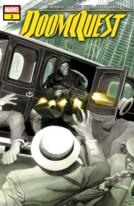 Comic book cover of 'DoomQuest' with a character in a car and people reaching out.