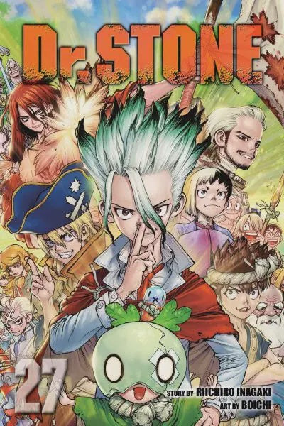 Cover of 'Dr. Stone' with various characters and a prominent green creature.