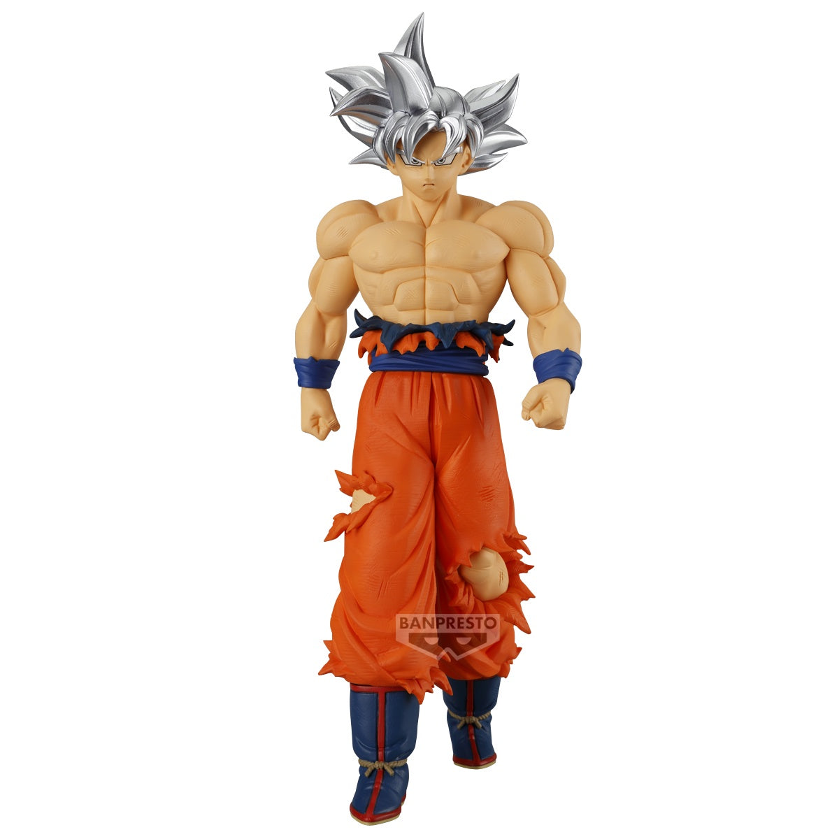 Action figure of a character in orange and blue outfit with silver hair on a white background, featuring the Banpresto logo.