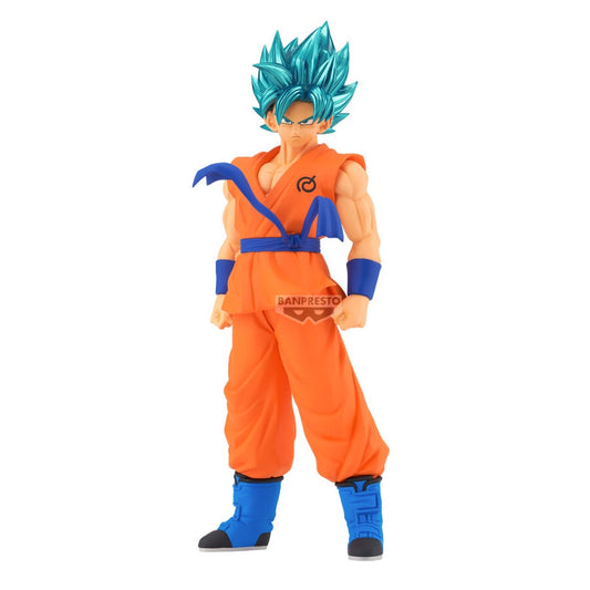 Action figure in orange and blue outfit with 'Banpresto' branding on a white background