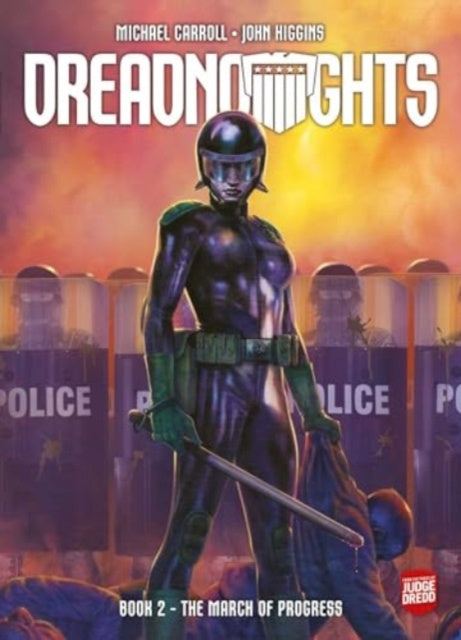 Book cover of 'Dreadnoughts' with a character in a futuristic suit and police barriers in the background.