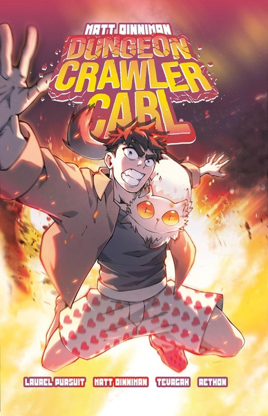 Comic book cover of 'Dungeon Crawler Carl' with a character in action pose against a fiery background.