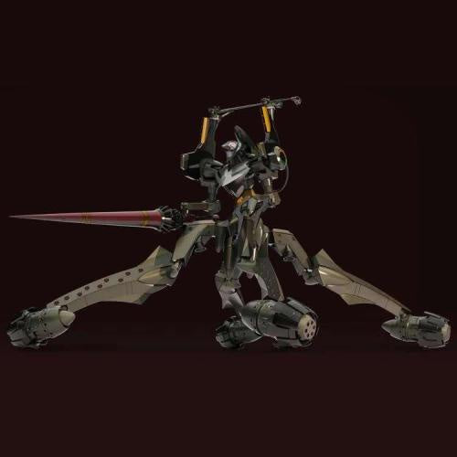 Mechanical dragon-like creature with a sword on a dark background