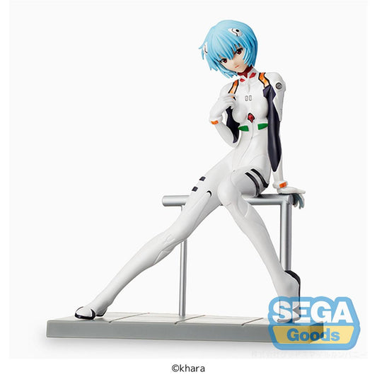 Figurine of a character in a white and black outfit with blue hair on a white background, featuring the Sega Goods logo.