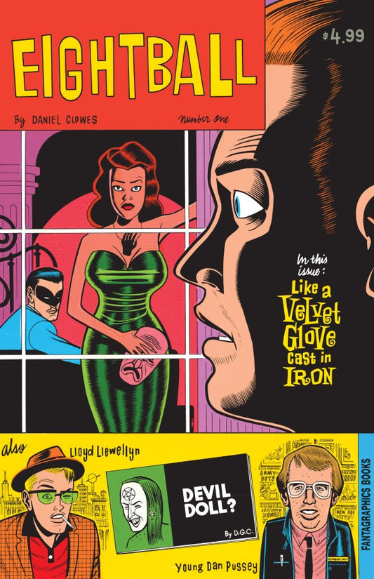 Comic book cover with characters and text, featuring a woman in a green dress and a man with glasses.