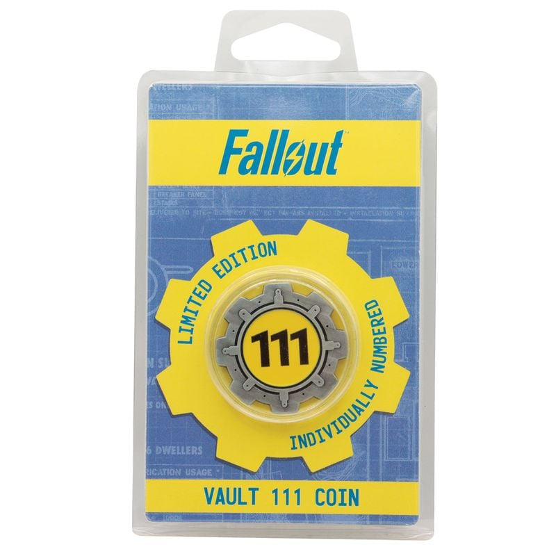 Packaged Vault 111 coin from Fallout with blue and yellow design.