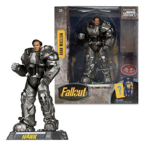Action figure of Hank Maclean from Fallout with packaging in the background