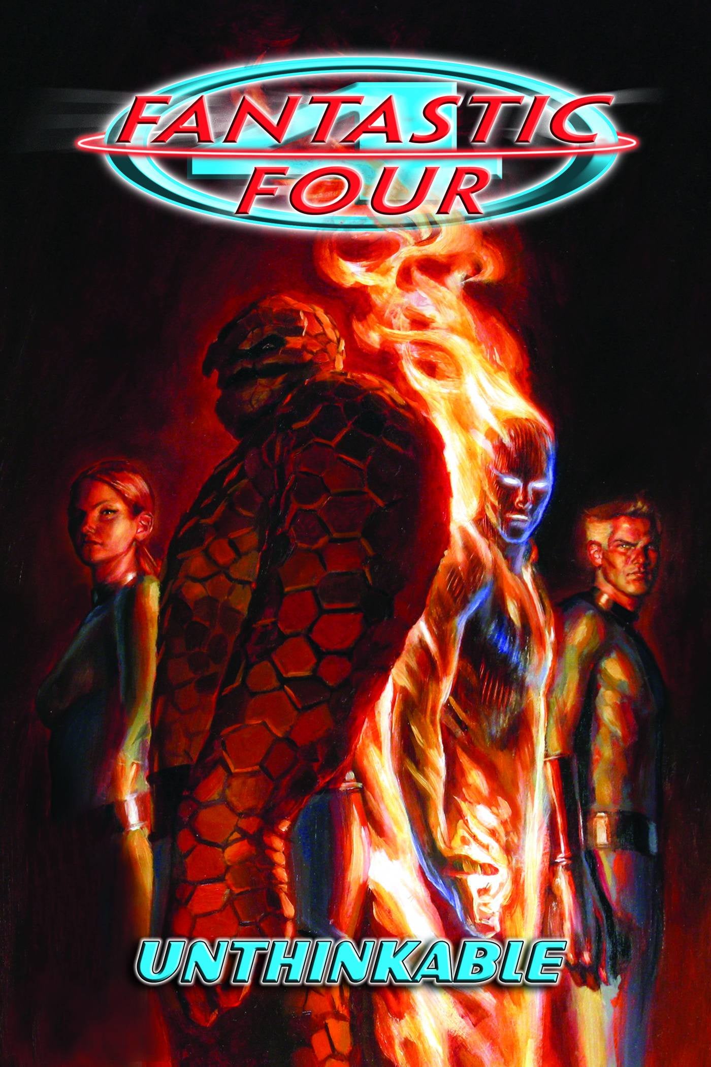 Promotional poster for 'Fantastic Four' with characters in superhero poses against a dark background.