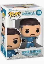 Funko Pop! vinyl figure of Mister Fantastic in a blue suit with a white shirt, displayed against a white background.