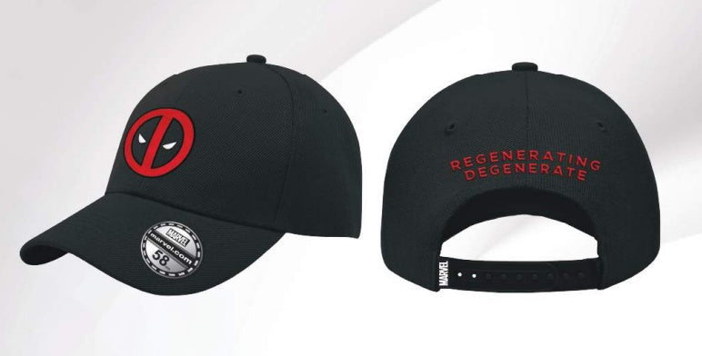 A black baseball cap with red embroidery text 'REGENERATING DEGENERATE' on the front and a holographic sticker on the brim.