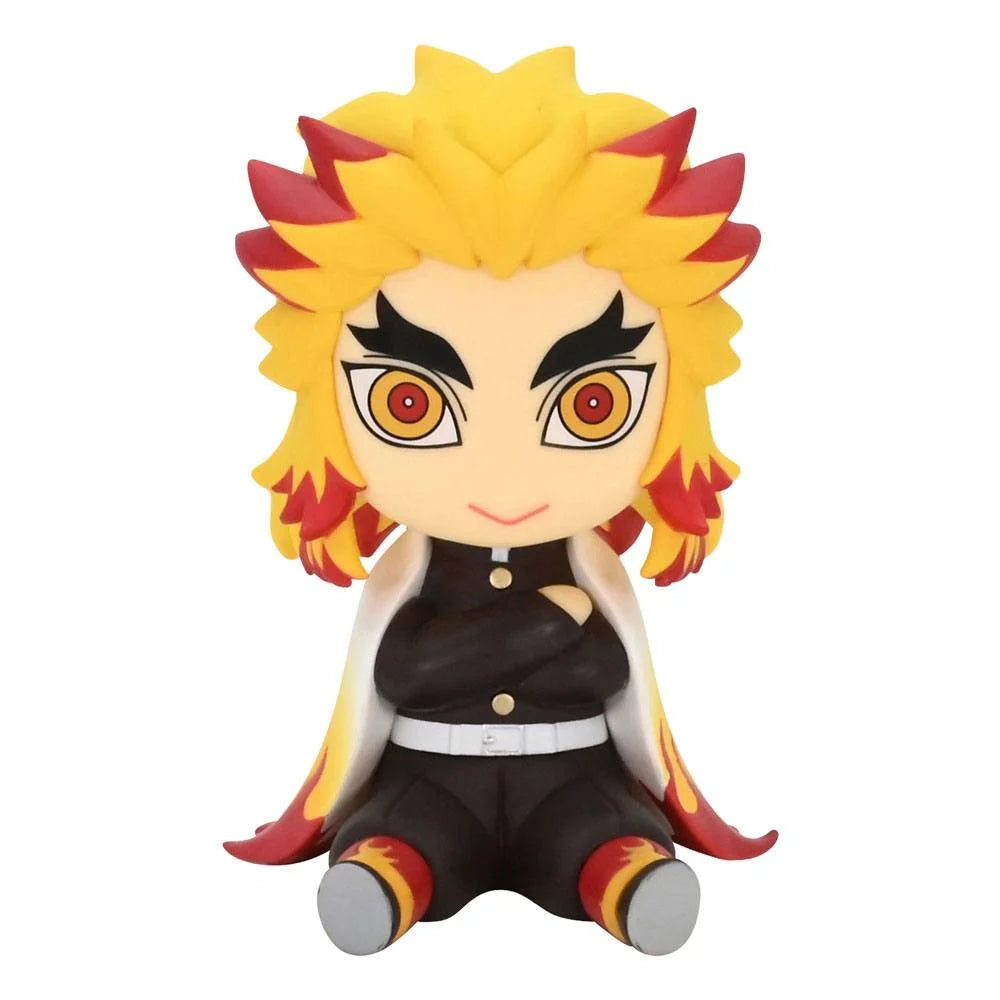 A figurine of Kyojuro Rengoku from the anime Demon Slayer: Kimetsu no Yaiba, featuring yellow and red hair, wearing a black outfit with a red and black striped design.