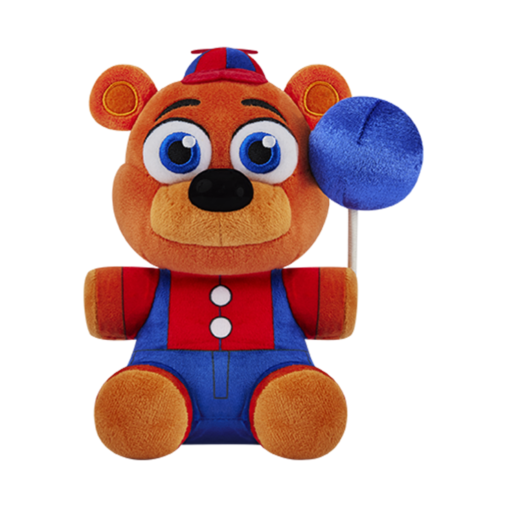 A plush toy bear dressed in a red and blue outfit, holding a large blue lollipop, shown against a plain white background.